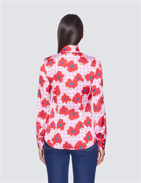 Women S Pink Red Floral Gingham Check Print Pussy Bow Blouse Hawes