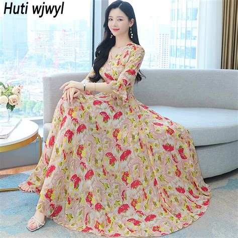 Women Floral Chiffon Sexy V Neck Maxi Dress Summer Casual Boho Beach Long Sundress 2022 Korean