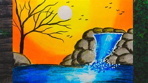 How To Draw Waterfall In The Village Scenery Waterfall Landscape