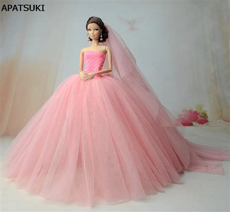 Pink Party Dresses High Quality Long Tail Evening Gown Clothes For Barbie Doll Wedding Dress