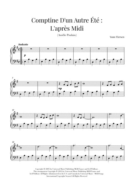 Comptine Dun Autre Été Laprès Midi Arr Cadenza Editions Sheet