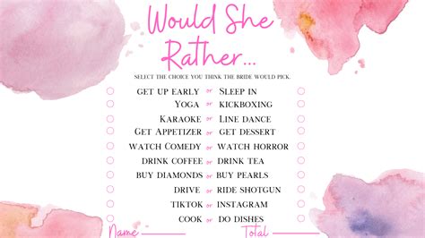 Would She Rather Bridal Shower Game Free Printable Pa