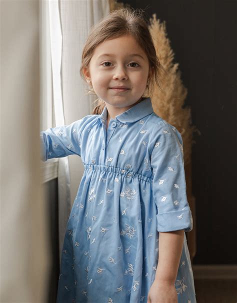 Girls Maxi Shirt Dress Shabbos Robe With Floral Embroidery Sky Blue