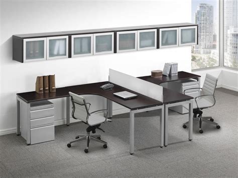 Silver Contemporary 2 Person T Shape Desk With Glass Accent Storage