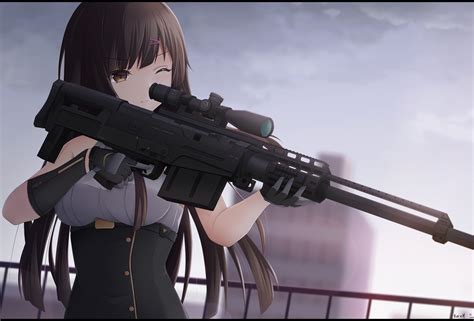 anime girls dark hair girls with guns sniper rifle weapon anime rifles hd wallpaper