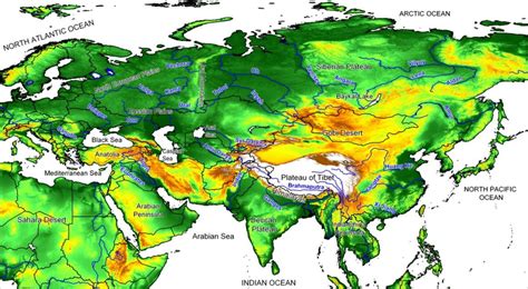 General Physicalrelief Map Of The Eurasia Continent And Its