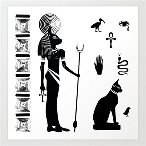 Ancient Egyptian Goddess Bastet With A Cats Head And Ancient Egyptian Symbols Art Print