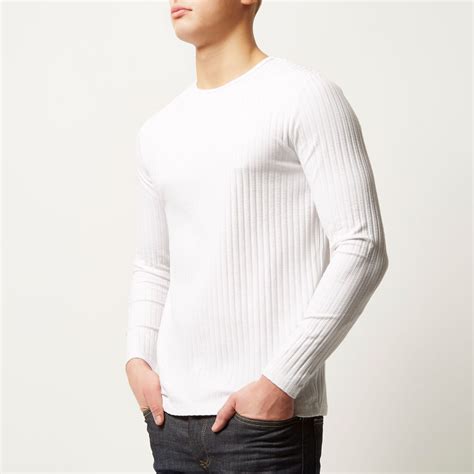 River Island Cotton White Chunky Ribbed Long Sleeve Top For Men Lyst