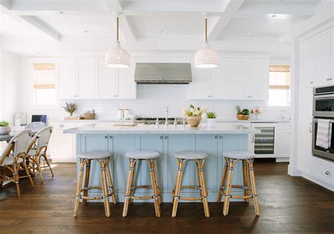 The globe lighting adds another modern touch. Inspiring White Kitchen with Light Blue Island - Home ...