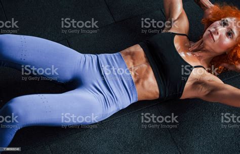 Top View Sporty Redhead Girl Have Fitness Day In Gym At Daytime