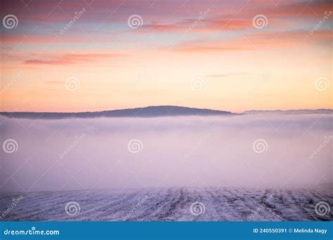 Moody Winter Landscape With Fog At Sunset Stock Image Image Of