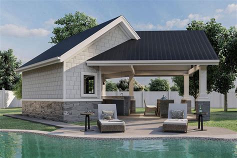 Craftsman Style Poolhouse Plan With Bathroom And A Covered Patio