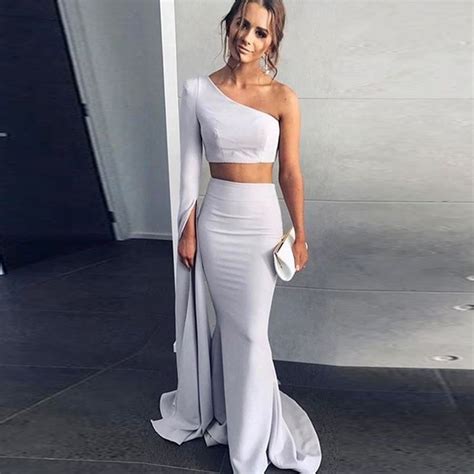 Light Gray Two Piece Mermaid Prom Gowns One Shoulder Long Sleeves Satin
