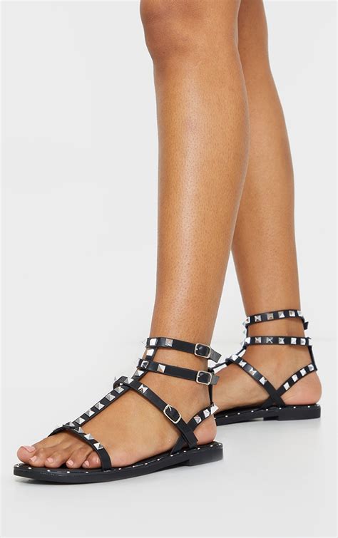 Black Pu Studded Gladiator Sandals Shoes Prettylittlething Ie