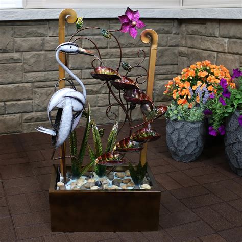 Sunnydaze Metal Crane Tiered Waterfall Decorative Garden Outdoor Water Fountain, 33-Inch ...