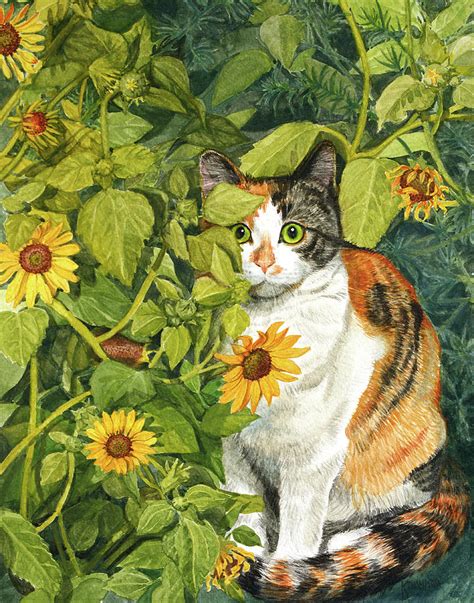 Calico Cat Hiding In Sunflowers Painting By K Thompson Paul Fine Art
