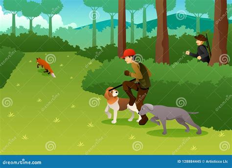 Hunters With His Dogs Hunting A Fox Stock Vector Illustration Of