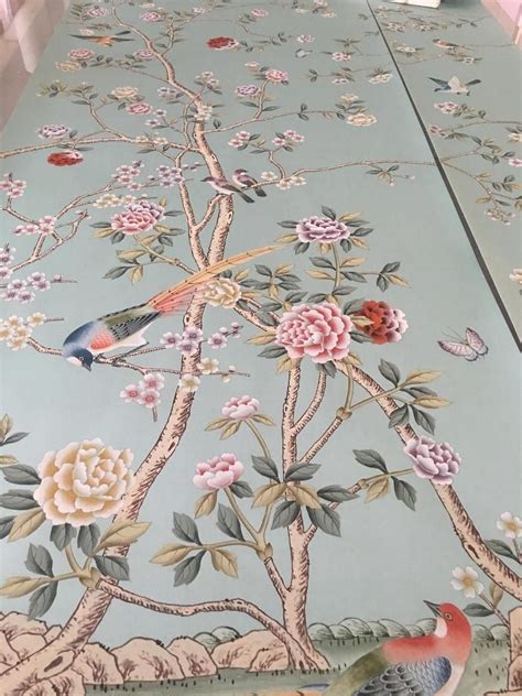 Colorway Chinoiserie Handpainted Wallpaper On Blue Silk Etsy In 2020