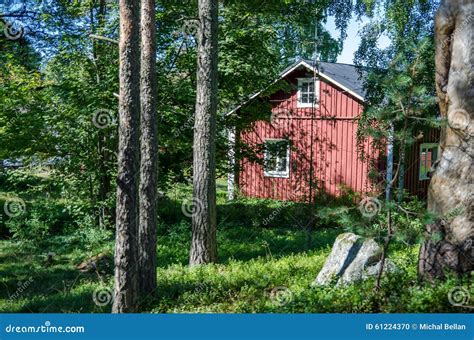 Scandinavian Old Red Wooden House In Forest Stock Photo Image Of