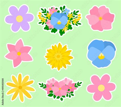 Spring Flowers Stickers Printable Vector Illustration Stock Vector