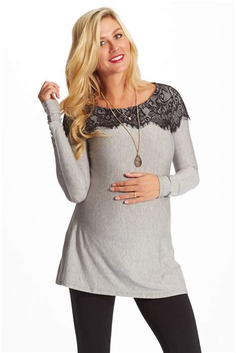 Grey Black Lace Accent Long Sleeve Maternity Top Maternity Tops