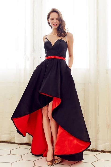 Red Black High Low Prom Dresses With Sheer Straps Satin A Line Short
