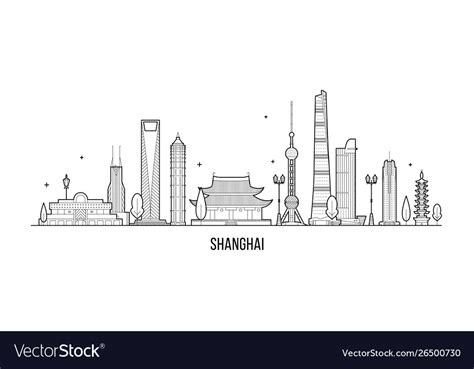 Shanghai Skyline China Buildings Linear Art Vector Image