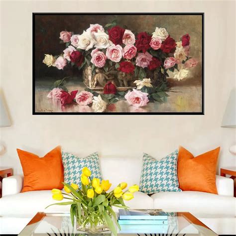 White Red Pink Roses Flowers Oil Painting Print On Canvas Waterproof