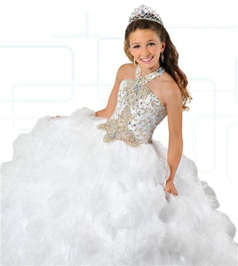 Ball Gown Halter White Tulle Ruffle Beaded Puffy Girl Pageant Prom Dress