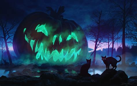 Download 1680x1050 Halloween Giant Pumpkin Scary Cats
