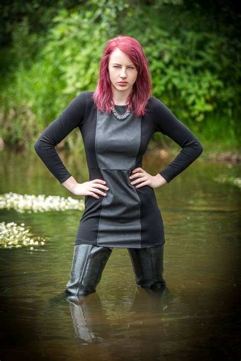 Redhead In Multimedia Black Leather Minidress And Acquo Style Rubber Thigh Boots Waders In The