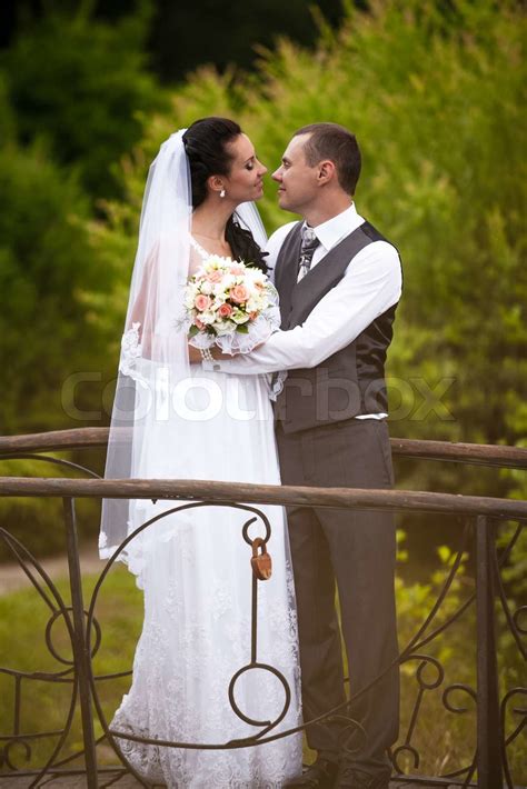 Bride And Groom Standing On Bridge And Hugging Stock Image Colourbox