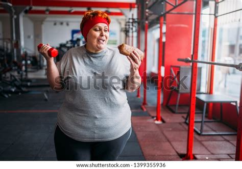Fat Woman Fast Food Dumbbell Motivation Stock Photo 1399355936