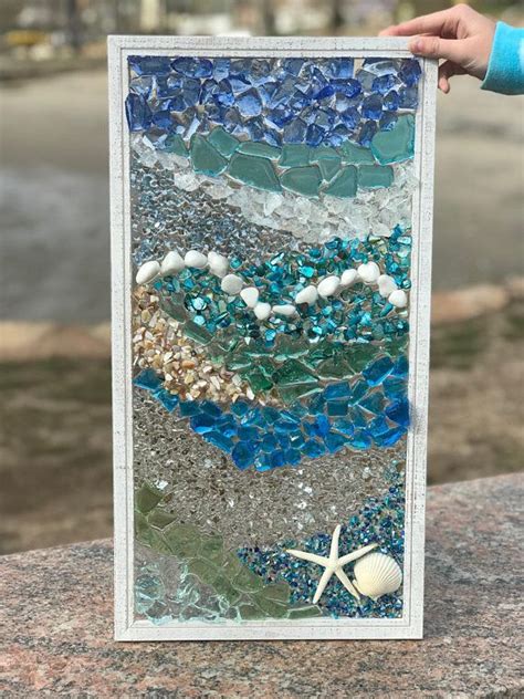Free Shipping 21 X 11 Mosaic Coastal Window Mixed Media Sea Glass Mosaic Glass Art Sea