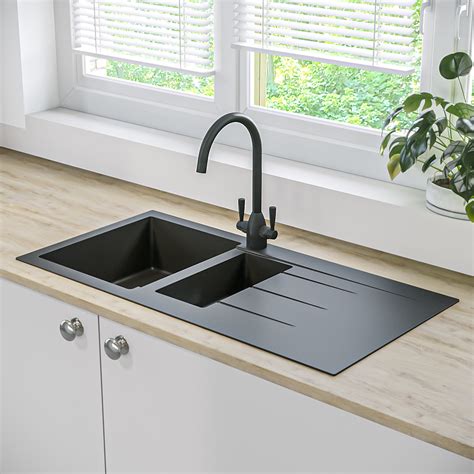 15 Bowl Inset Black Composite Kitchen Sink With Reversible Drainer