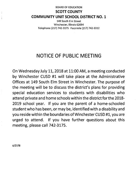 Winchester Schools Notice Of Public Meeting