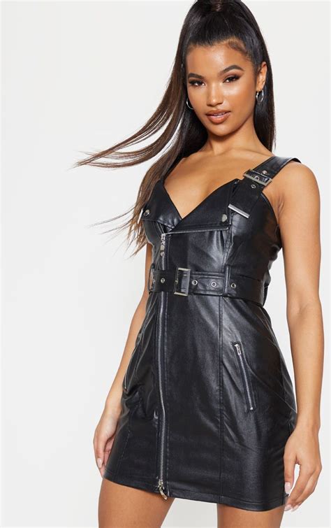 Black Faux Leather Buckle Detail Bodycon Dress Girls Night Out