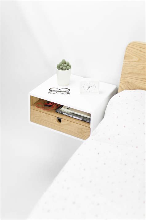 White Floating Nightstand Bedside Table Drawer In Oak Mid Century Modern