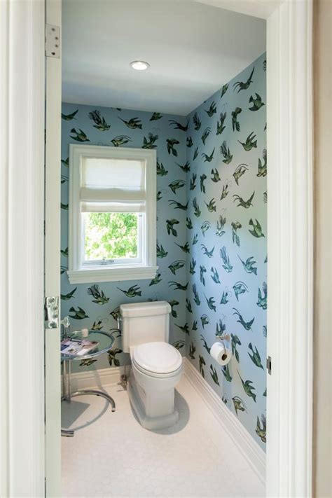 Master Bathroom With Bird Print Wallpaper Hgtv