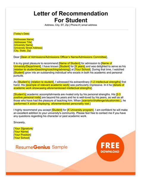 Sample Letter Of Recommendation For Student