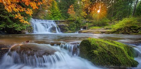 Nature Landscape Waterfall Moss Forest Sunset Trees