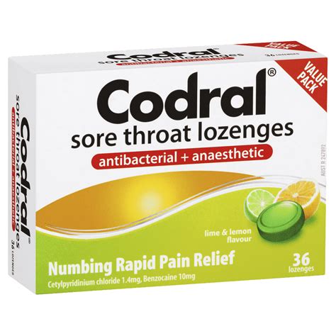 Codral Sore Throat Lozenges Antibacterial Anaesthetic 36 Pack Lime