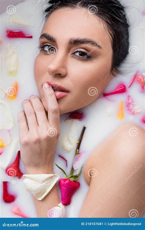 seductive woman in milk bath with stock image image of seductive milky 218107681