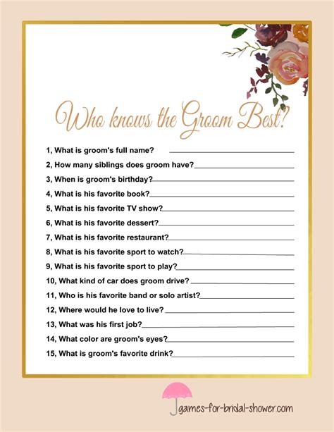 How Well Do You Know The Bride And Groom Game Questions Printable Bridal Shower Game Beach