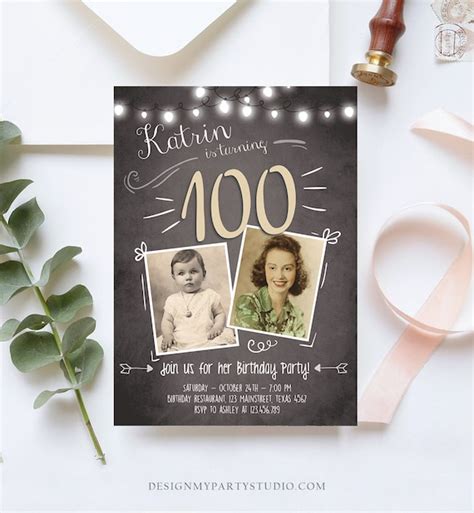 Editable 100th Birthday Invitation Any Age Chalkboard Rustic Adult