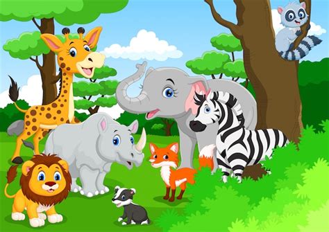 Dibujos Animados De Animales Lindos En La Selva Vector Premium