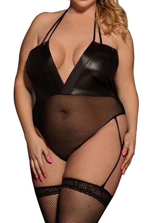 Wholesale Plus Size Patent Leather Mesh Sexy Teddy Collections 013517