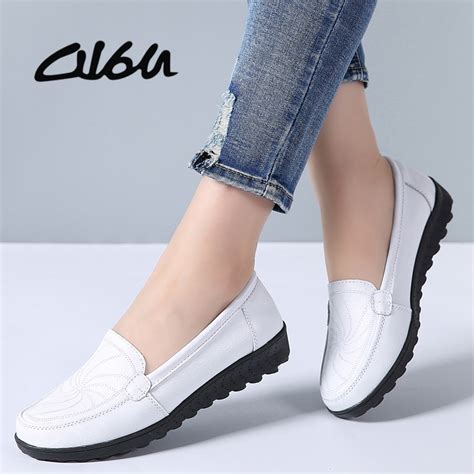 O16u 2018 Women Ballet Flats Shoes Genuine Leather Slip On Loafers