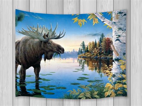 Animal Decor Tapestry Moose In Auntumn Fall Forest Lake