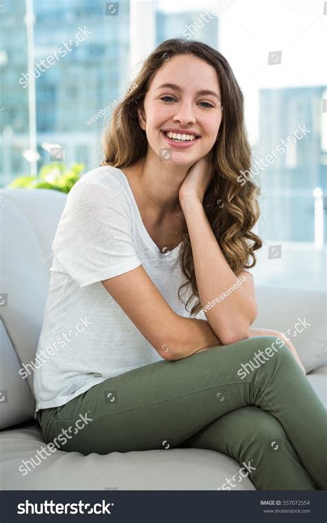 Happy Woman Smiling Camera On Sofa Stock Photo 557072554 Shutterstock